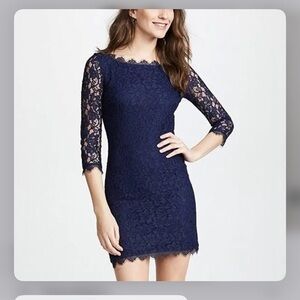 Diane Von Furstenberg Dvf Zarita Zipper Lace 3/4 Navy Body Con Dress